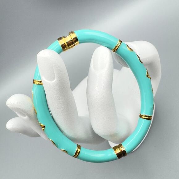 VTG Bracelet Teal Enamel 925 Gold Wash Bangle Clamper 6-1/2" Veronese ITALY - Picture 3 of 6